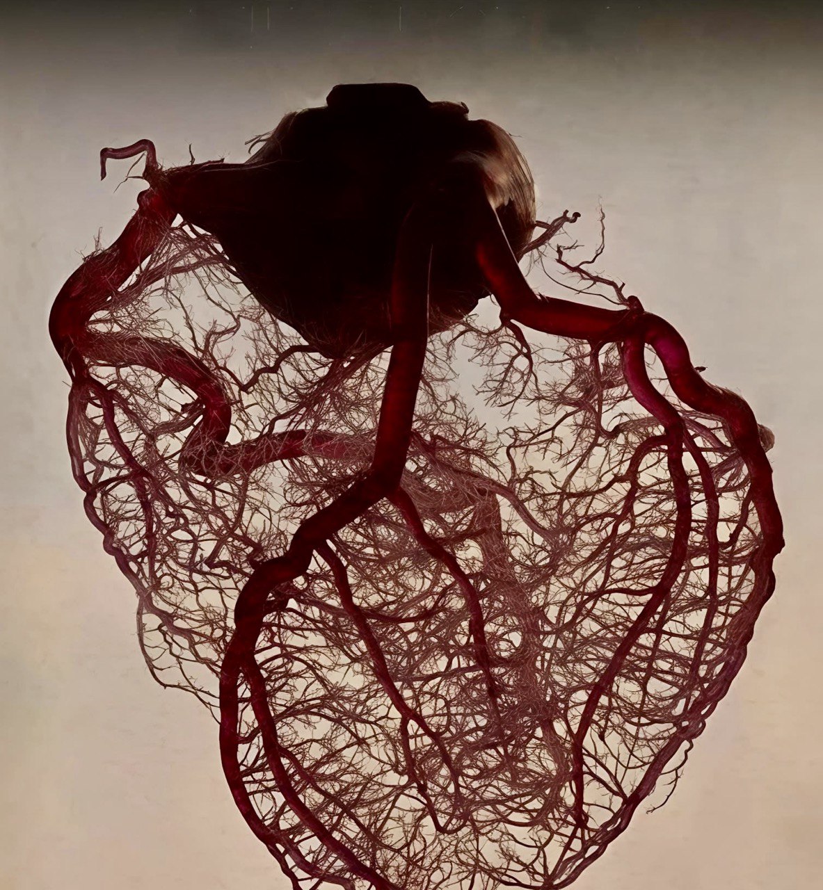 Lidské srdce bez svalové tkáně, zachovaná cévní síť